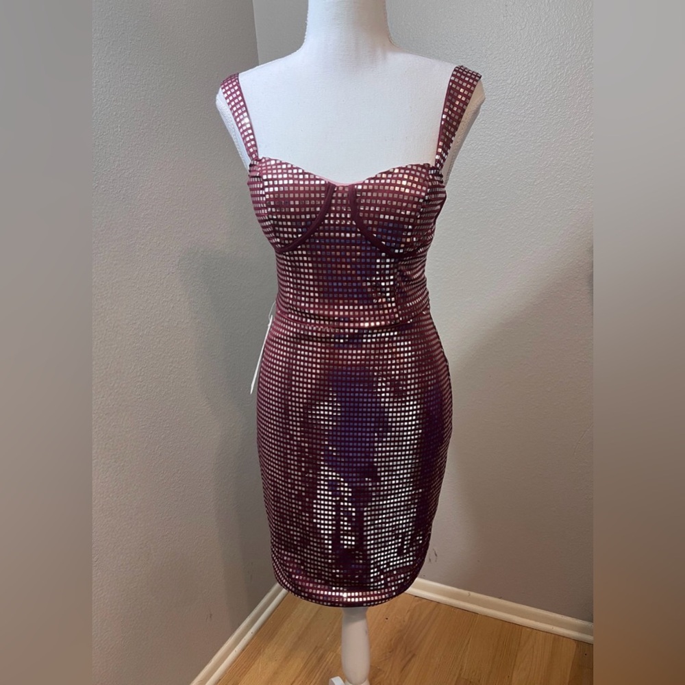 #730 Burgundy & Silver Square Sequins Mini BodyCon Dress - Size 0 (XS)